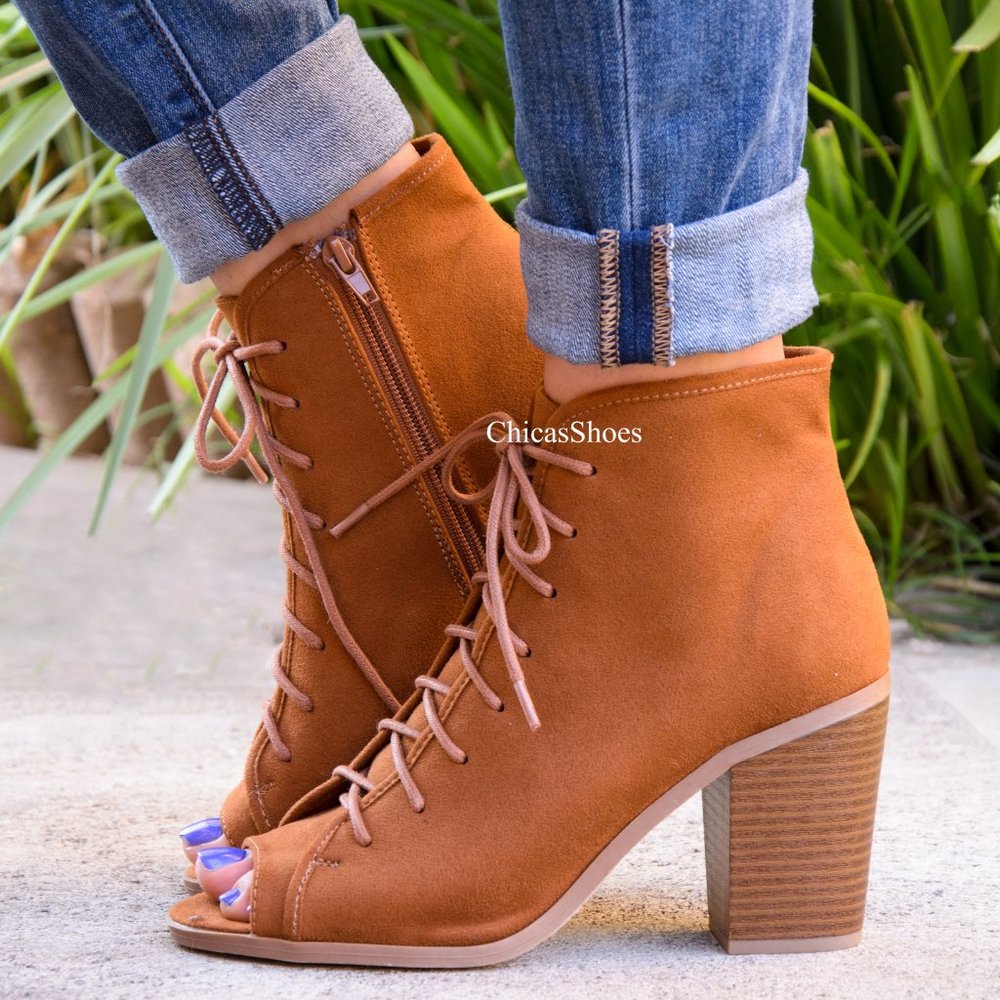 New Cognac Open Toe Ankle Booties Faux Suede Heels